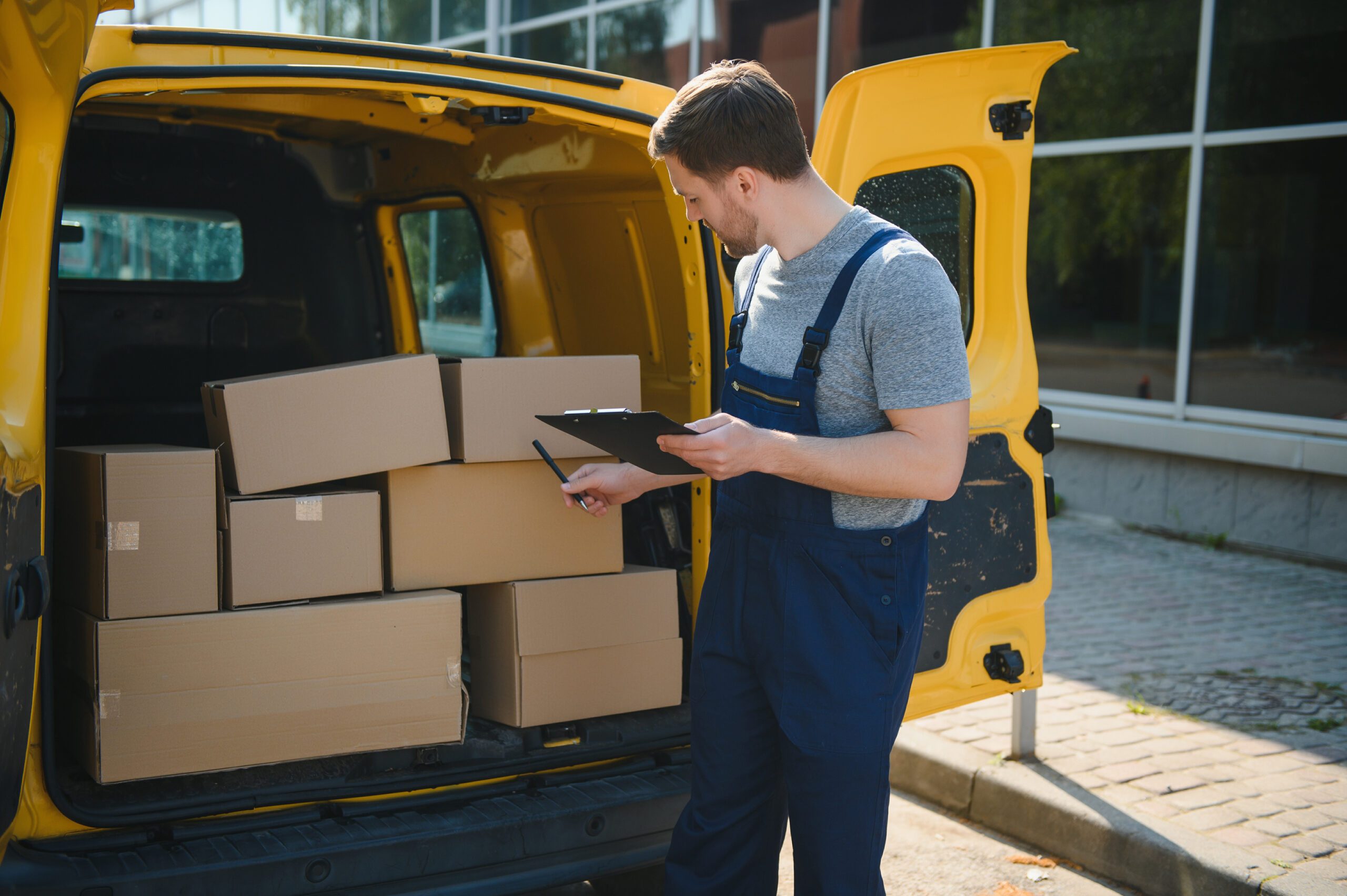 Courier service for the delivery of goods. Express service a man in a uniform delivers boxes. The employee carries the order home to the client